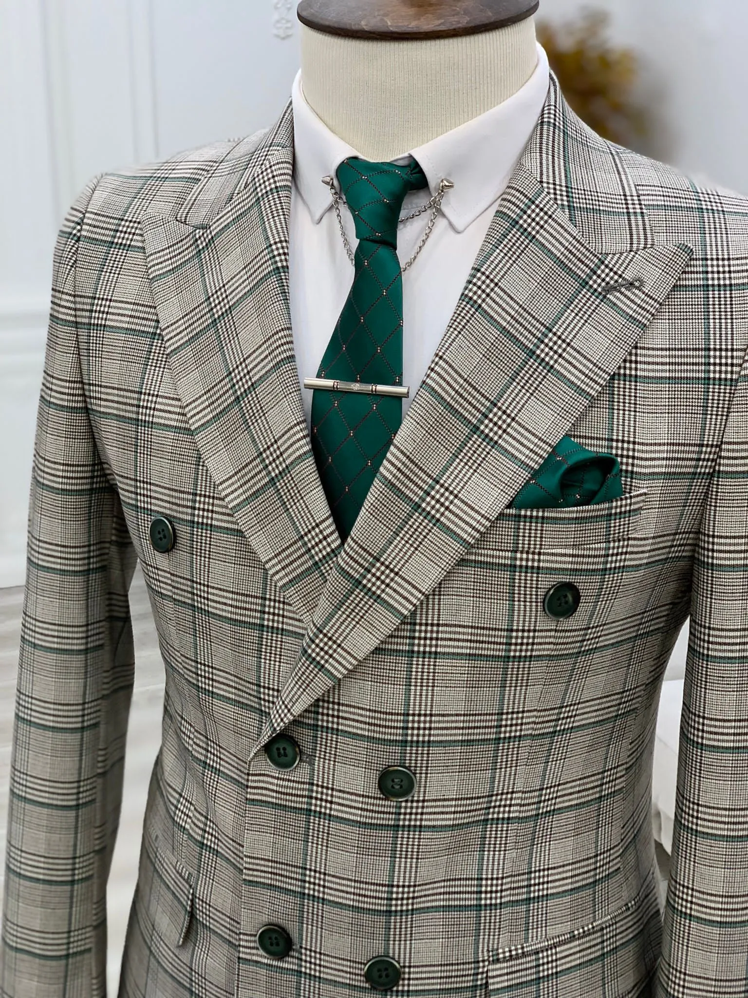 Rosario Green Gray Slim Fit Double Breasted Plaid Suit
