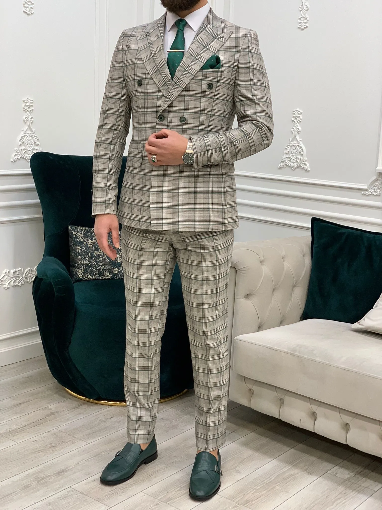 Rosario Green Gray Slim Fit Double Breasted Plaid Suit