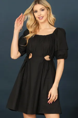 Ruched Hole Detail Waist Puff Sleeve Mini Dress