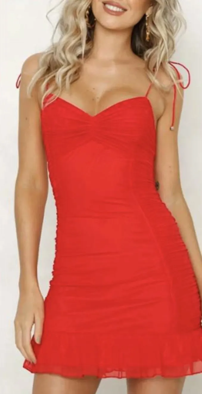 Ruched Ruffle Hem Adjustable Tie Strap Dress
