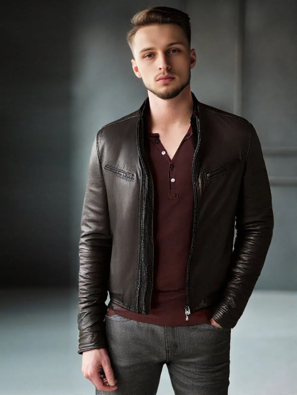 Rugged Moto-Inspired Genuine Leather Biker Jacket for Men