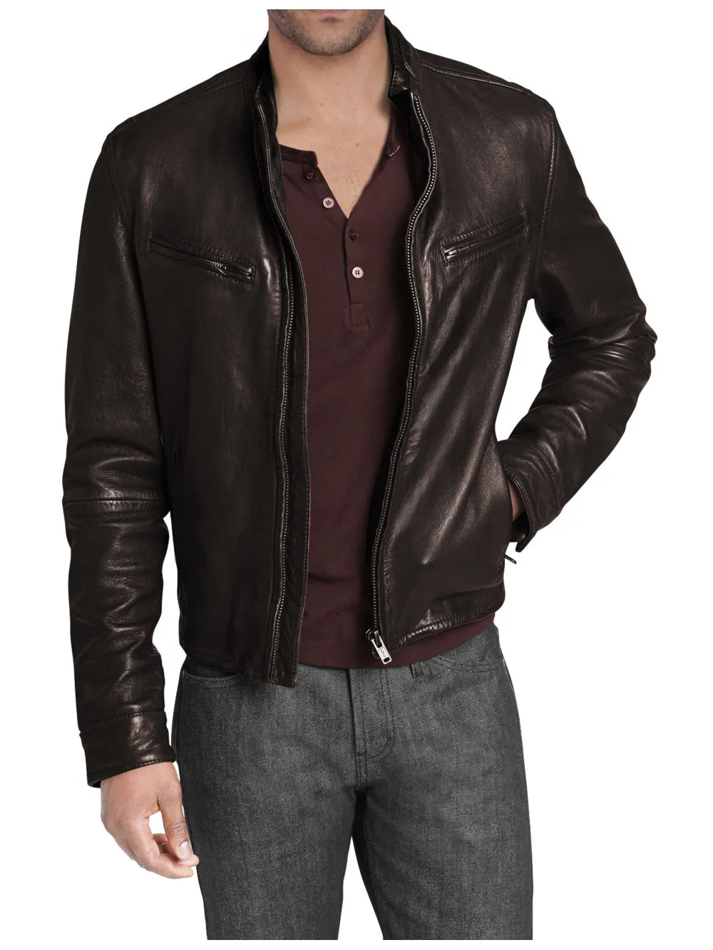 Rugged Moto-Inspired Genuine Leather Biker Jacket for Men