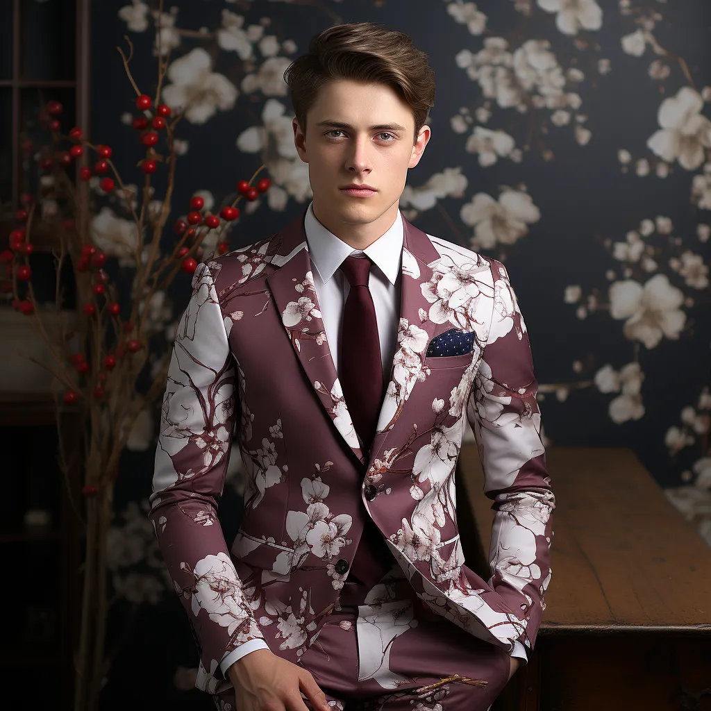 Rulercosplay Mens 2 Piece Print Suit Floral Party Dress Jacket Slim 2 Button Blazer Pants For Christmas
