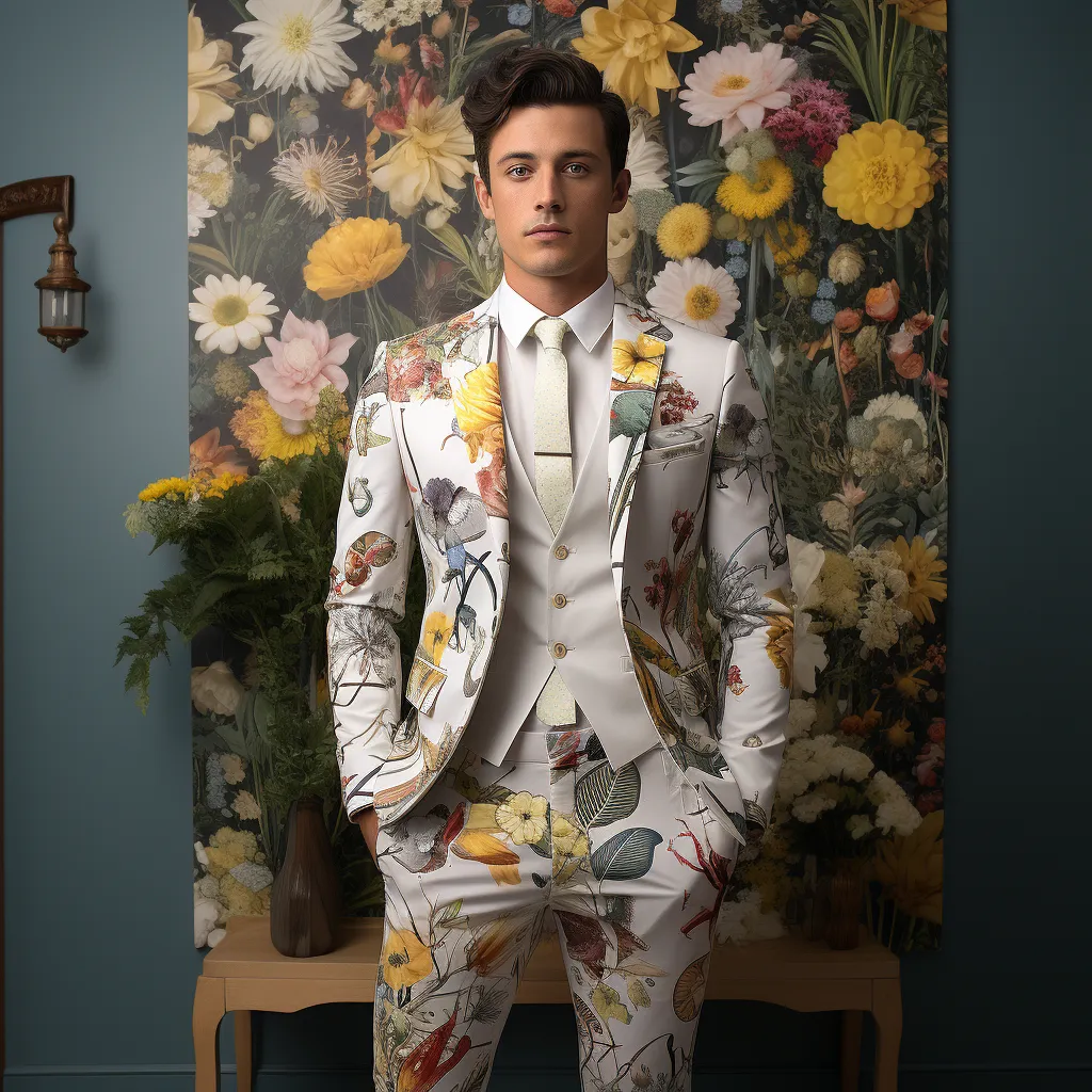 Rulercosplay Mens 2 Piece Print Suit Floral Party Dress Jacket Slim 2 Button Blazer Pants For Christmas