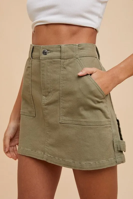 Ruth Cargo Denim Mini Skirt in Olive - High Waist, Cargo Pockets, Slight Stretch