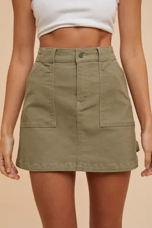 Ruth Cargo Denim Mini Skirt in Olive - High Waist, Cargo Pockets, Slight Stretch