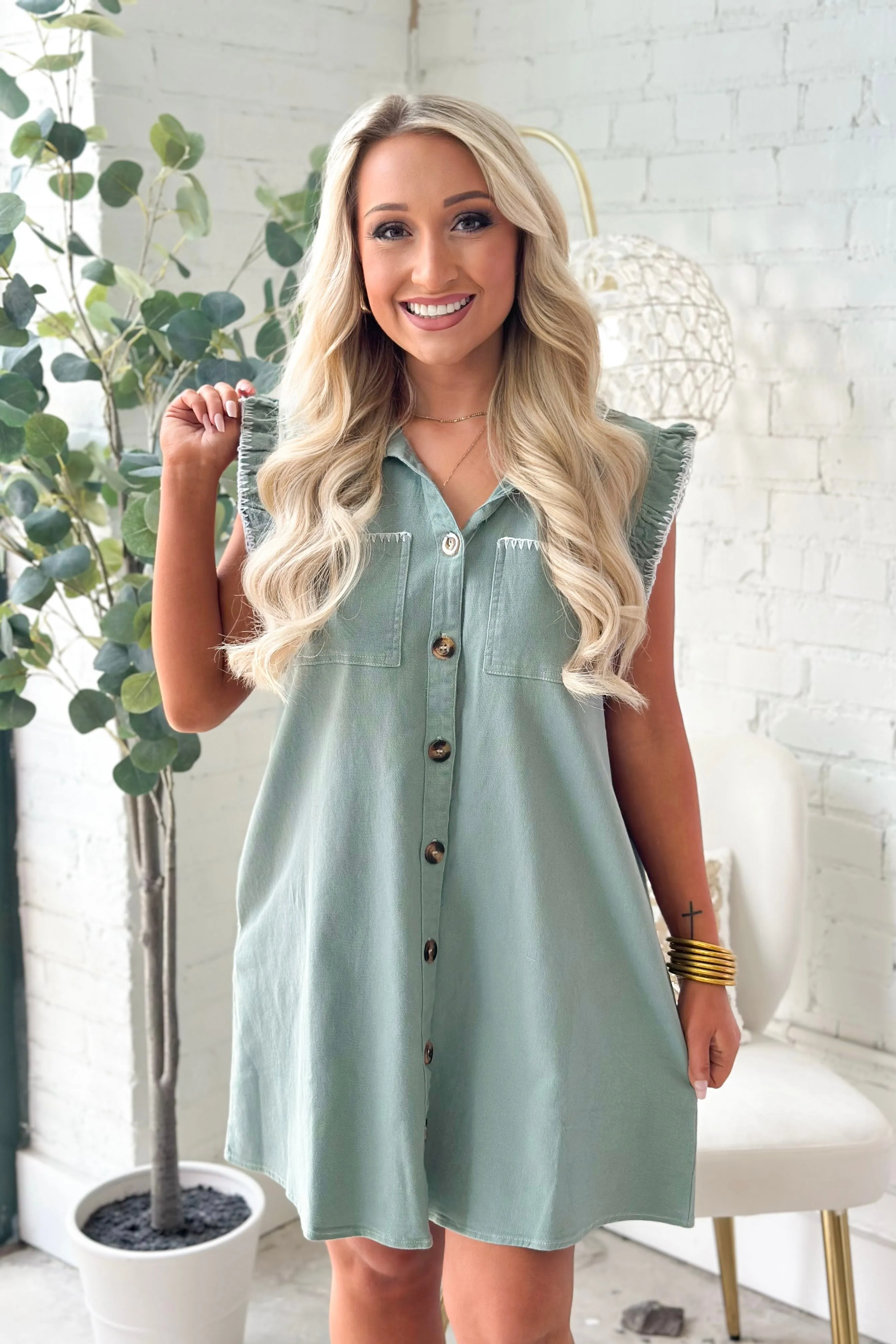 Sage Denim Ruffle Trim Sleeveless Dress