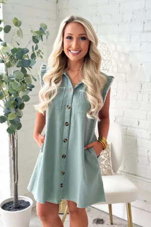 Sage Denim Ruffle Trim Sleeveless Dress