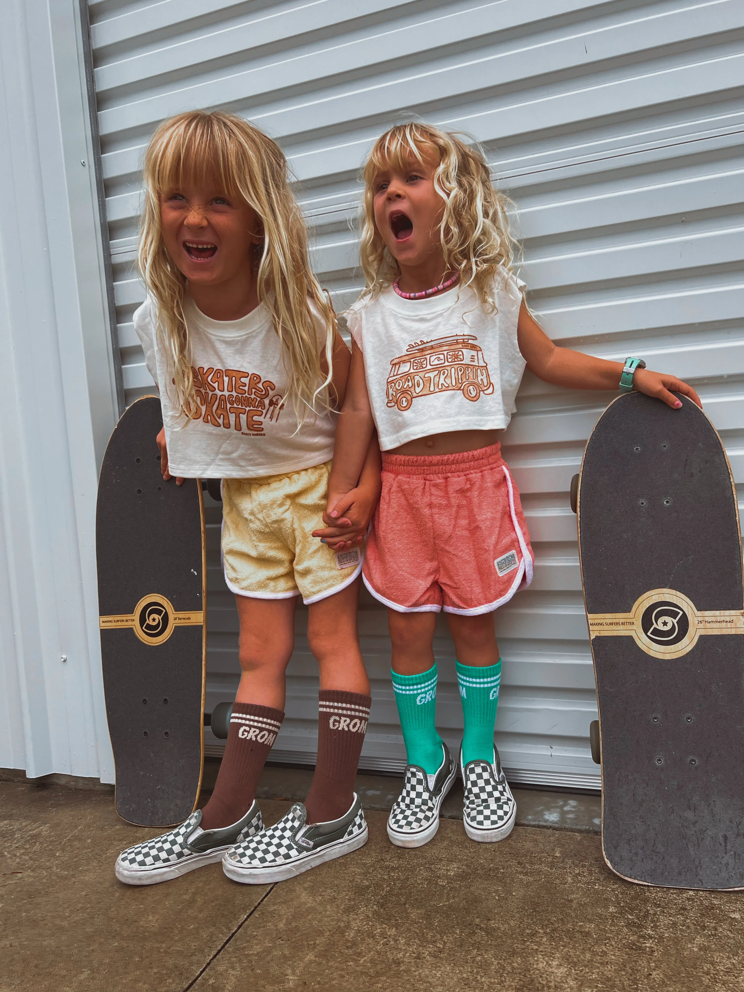Salty Shreds Skate crew (rad girls doing rad things) retro towel short - Coral