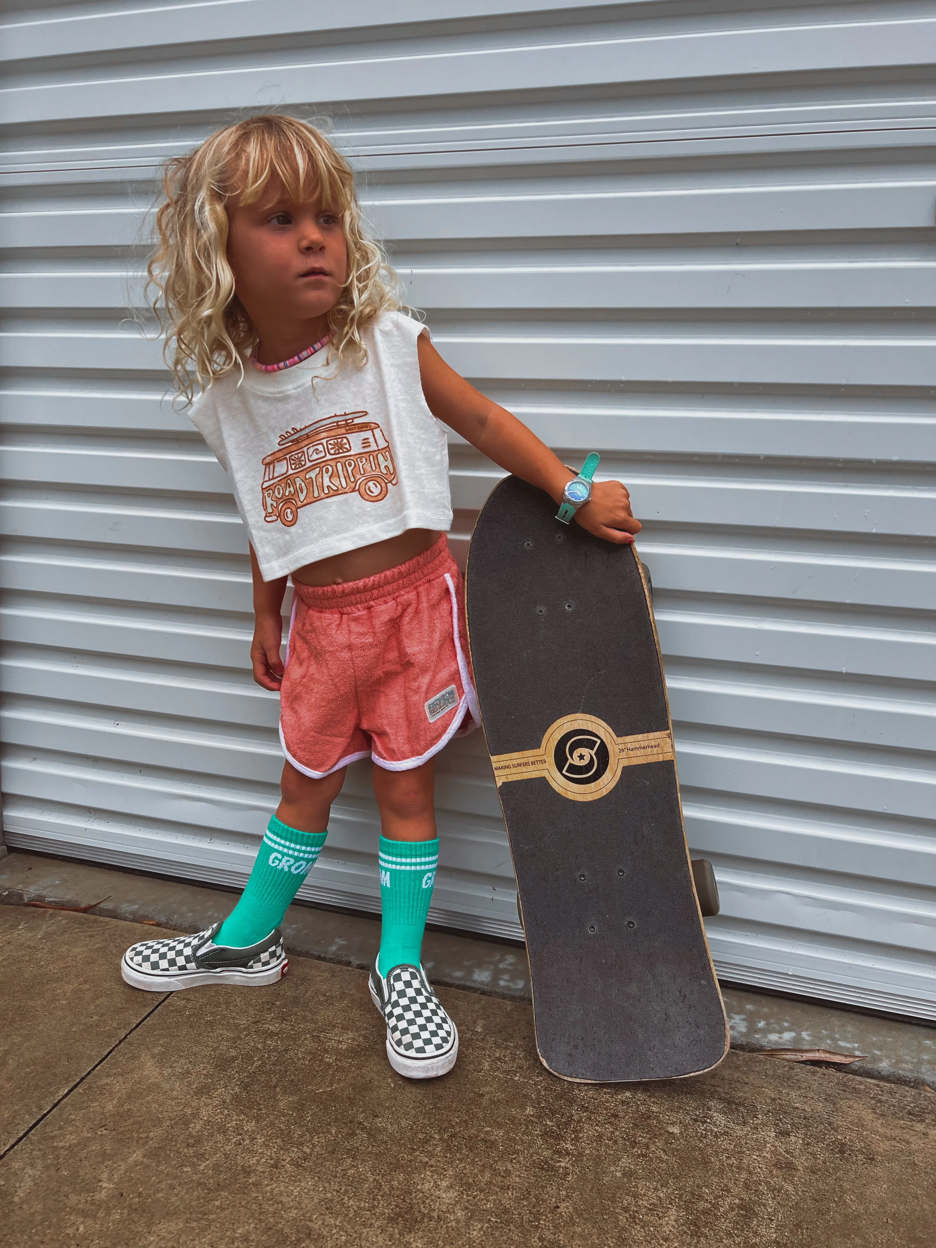 Salty Shreds Skate crew (rad girls doing rad things) retro towel short - Coral