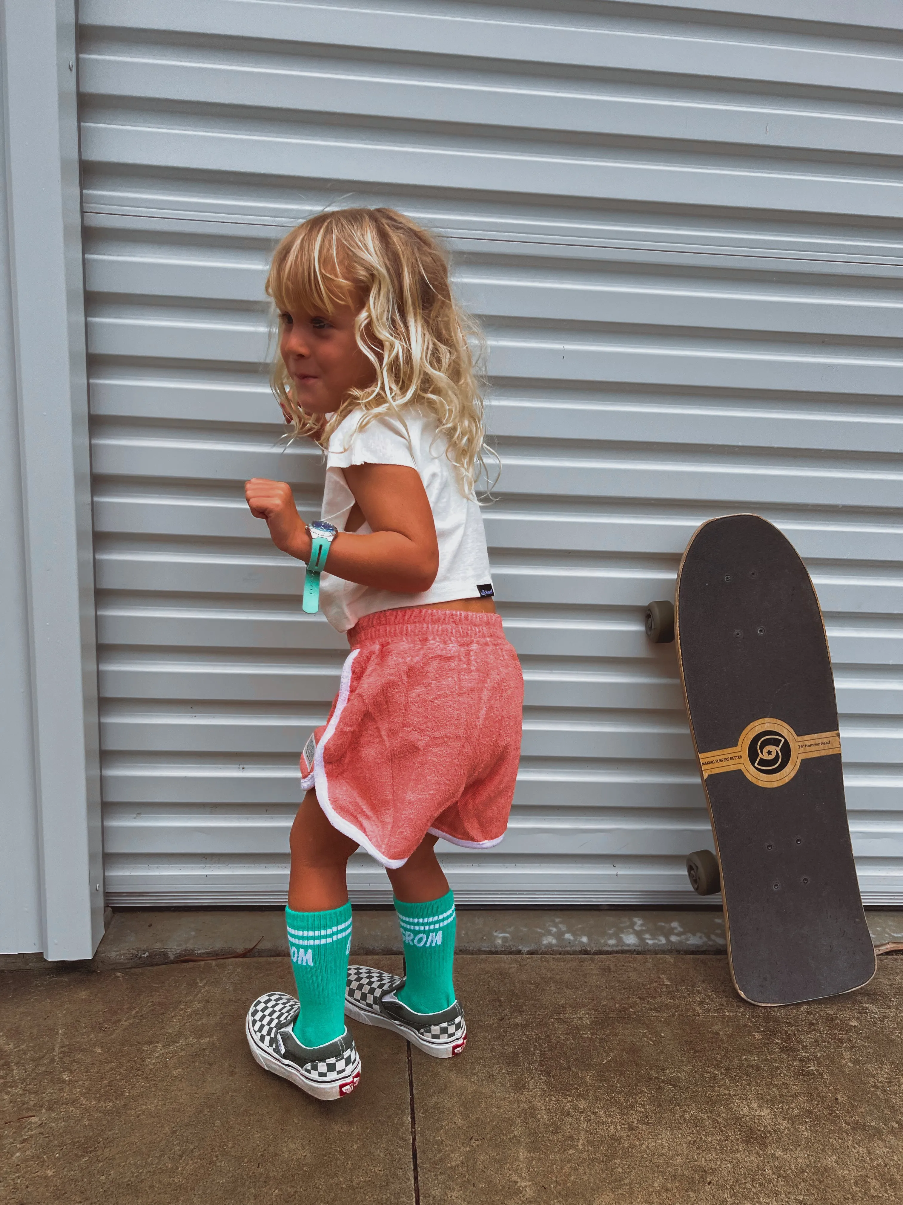 Salty Shreds Skate crew (rad girls doing rad things) retro towel short - Coral