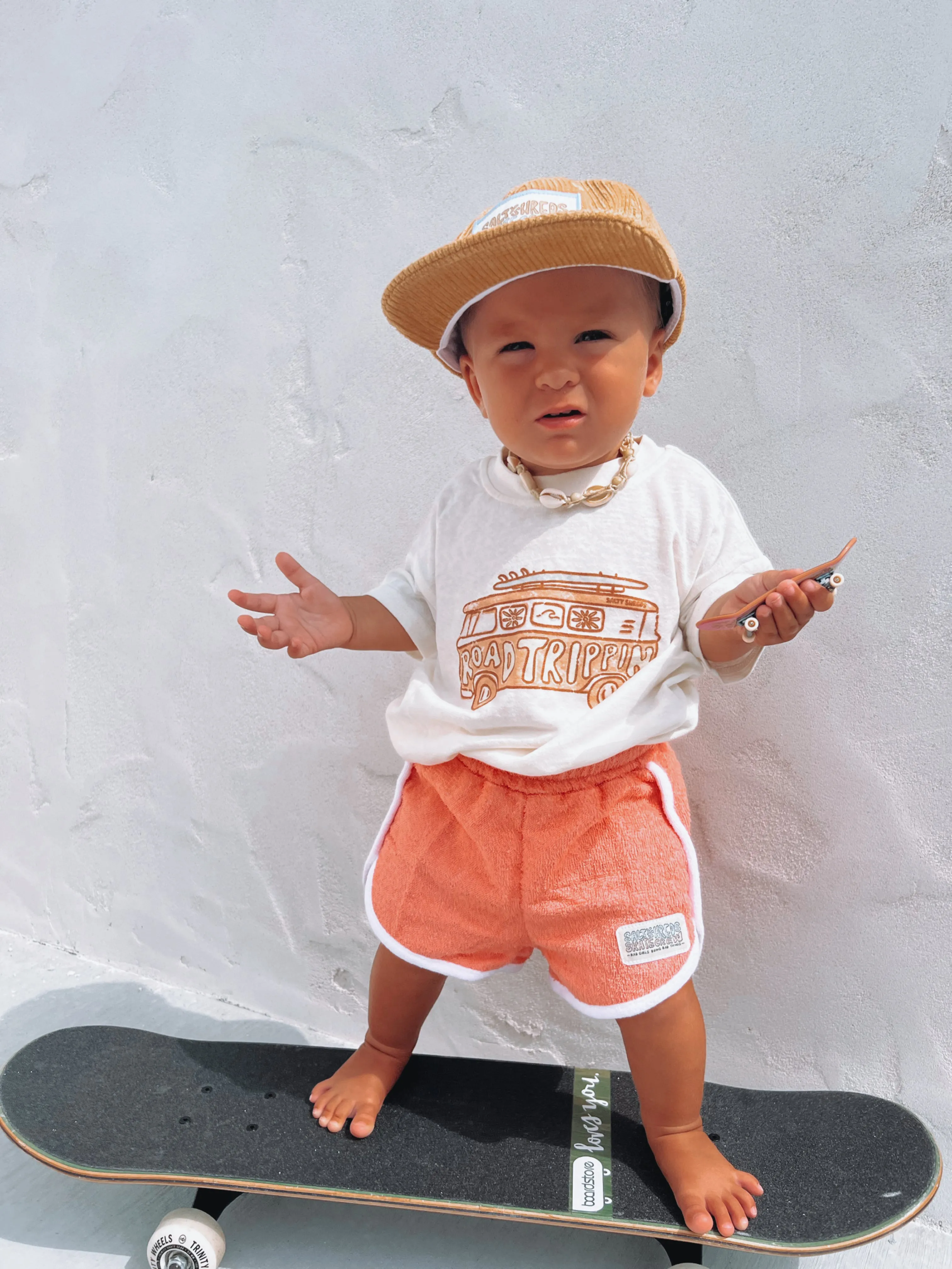 Salty Shreds Skate crew (rad girls doing rad things) retro towel short - Coral