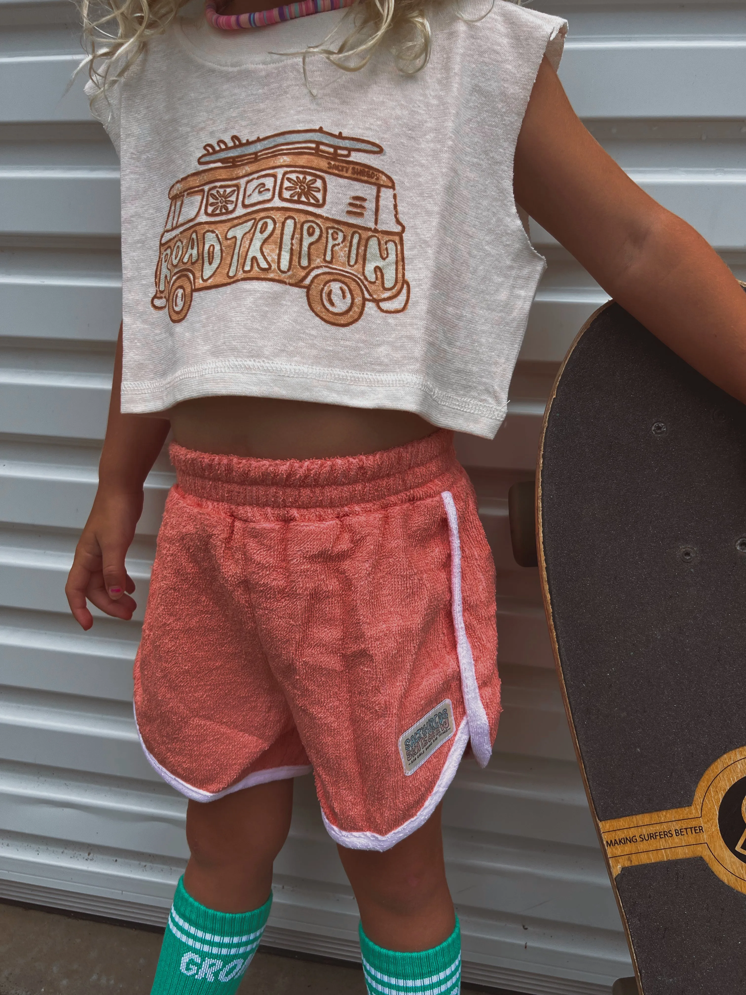 Salty Shreds Skate crew (rad girls doing rad things) retro towel short - Coral