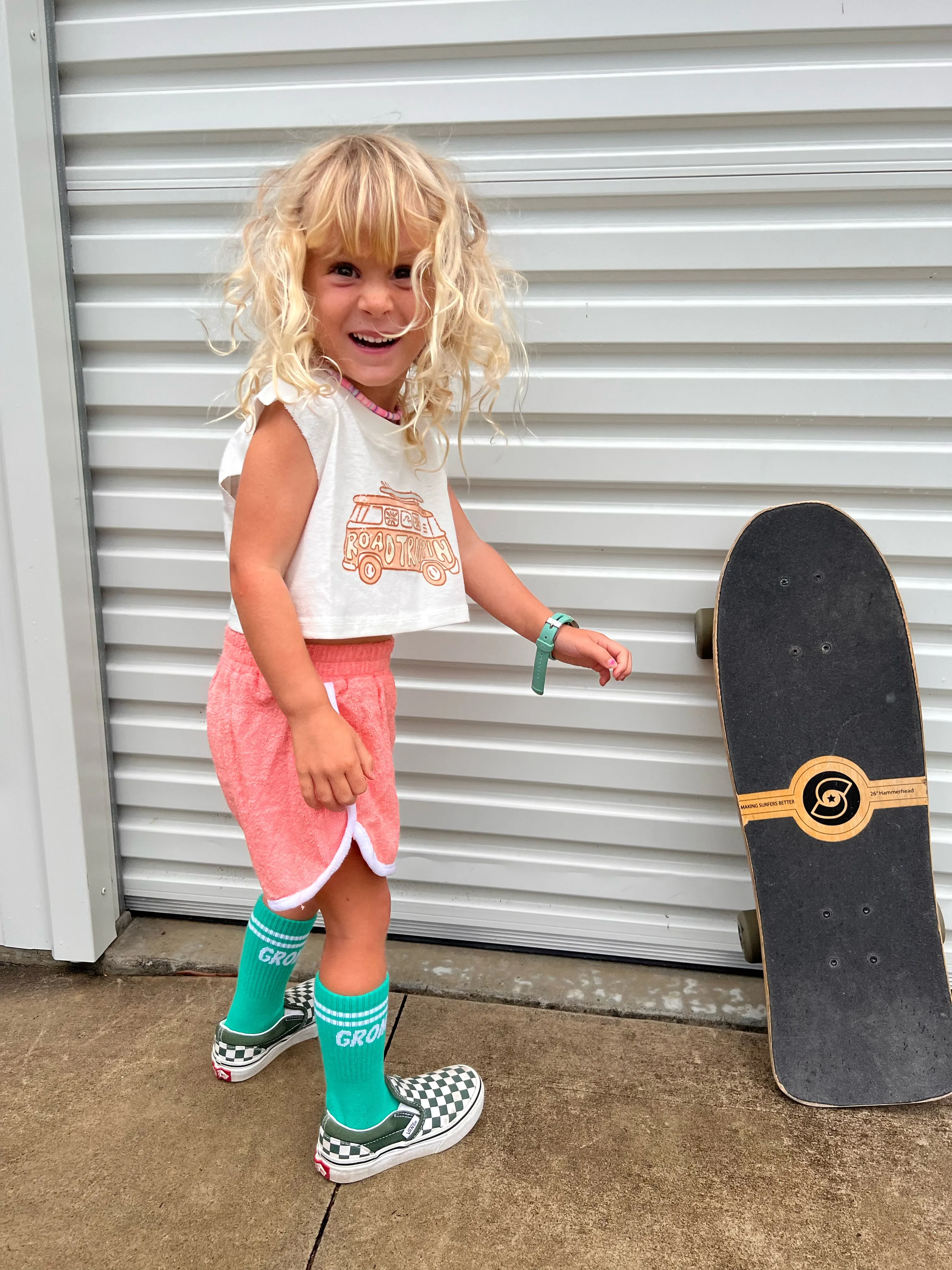 Salty Shreds Skate crew (rad girls doing rad things) retro towel short - Coral