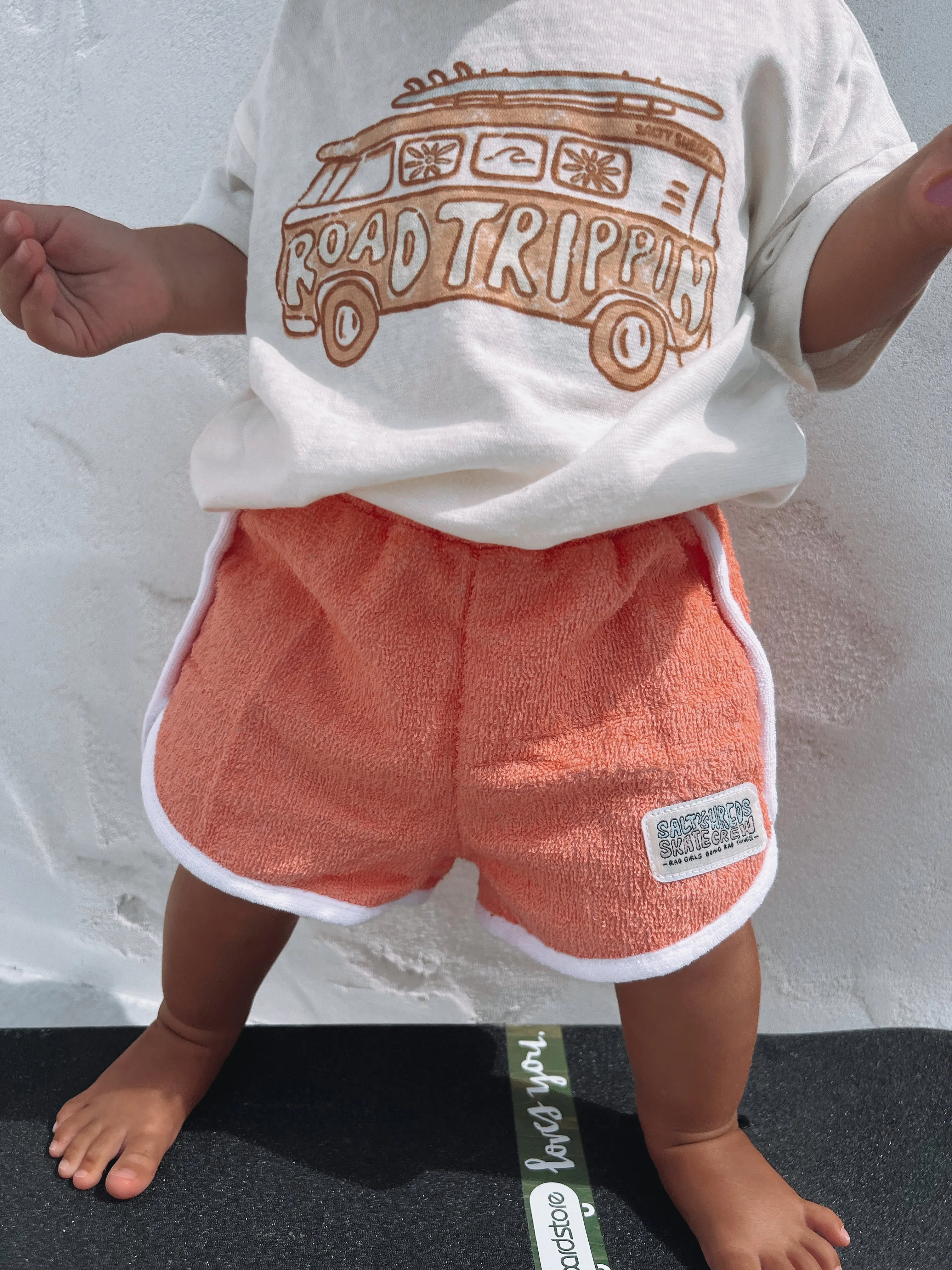 Salty Shreds Skate crew (rad girls doing rad things) retro towel short - Coral