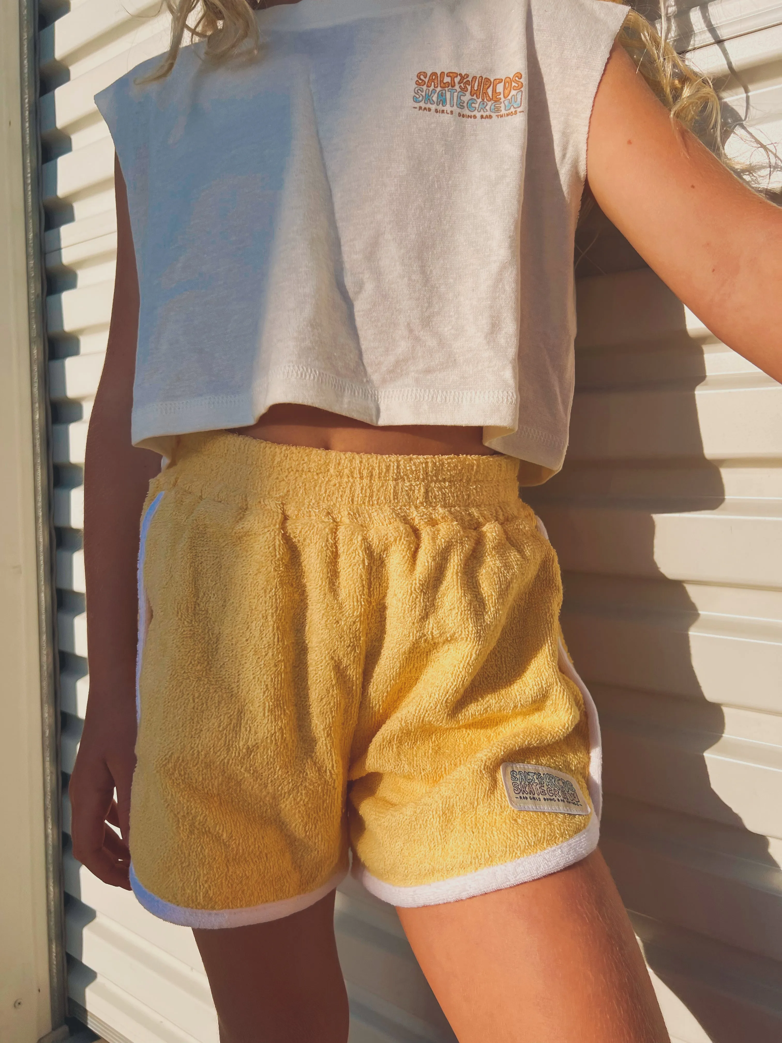 Salty Shreds Skate crew (rad girls doing rad things) retro towel short - Pale Yellow