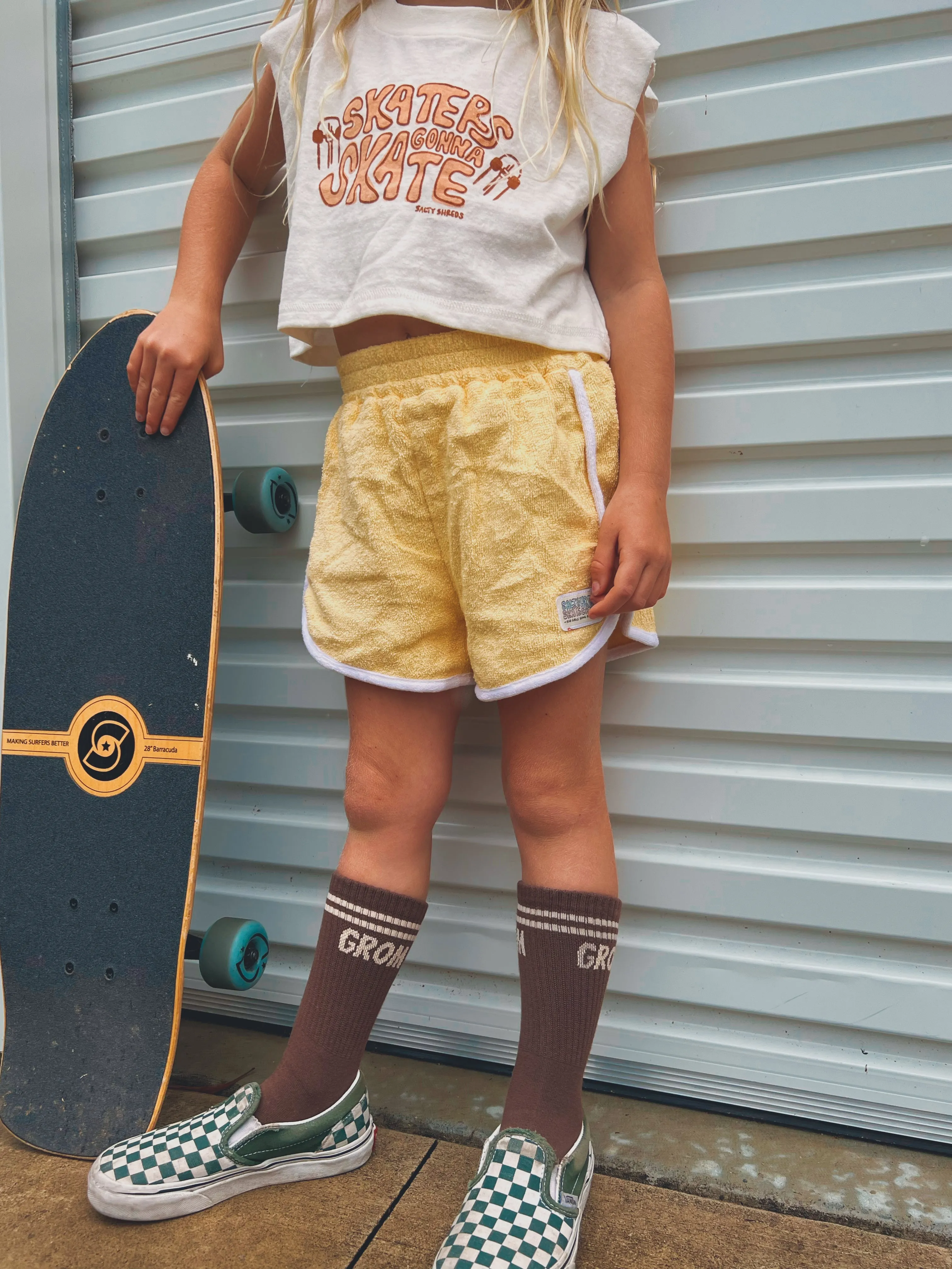 Salty Shreds Skate crew (rad girls doing rad things) retro towel short - Pale Yellow