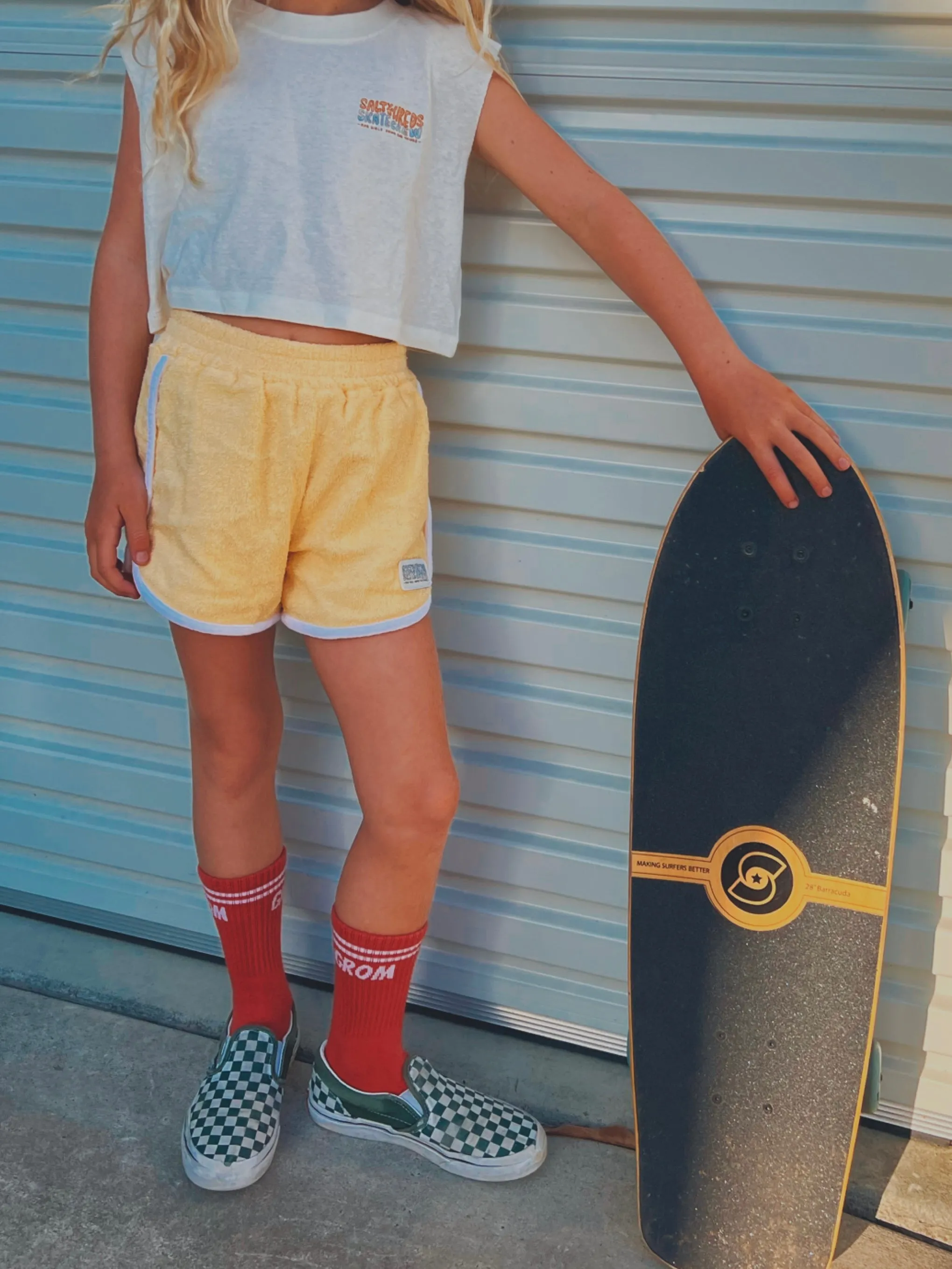 Salty Shreds Skate crew (rad girls doing rad things) retro towel short - Pale Yellow
