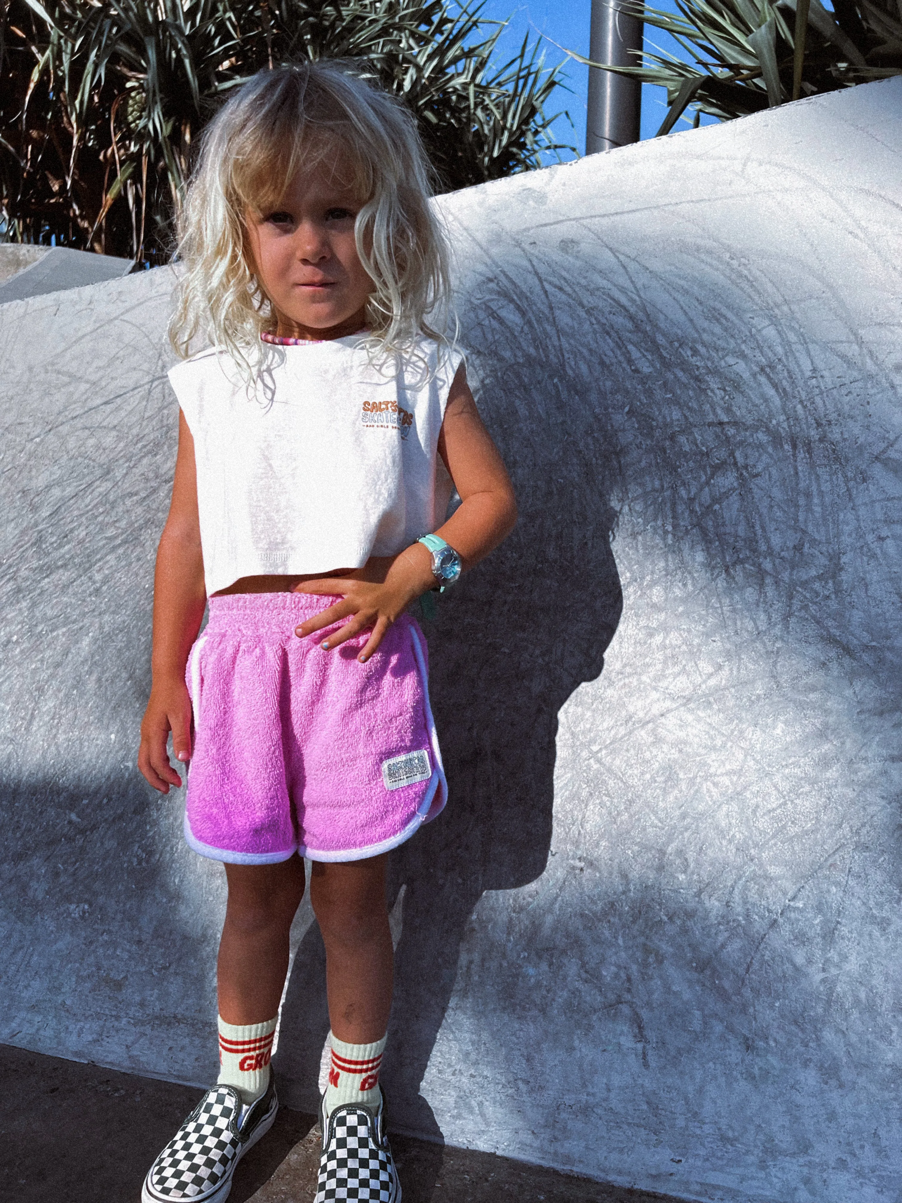 Salty Shreds Skate crew (rad girls doing rad things) retro towel short - Pink