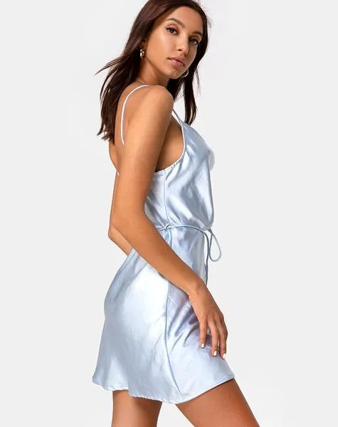 Satin Tie Waist Cowl Neck Mini Dress