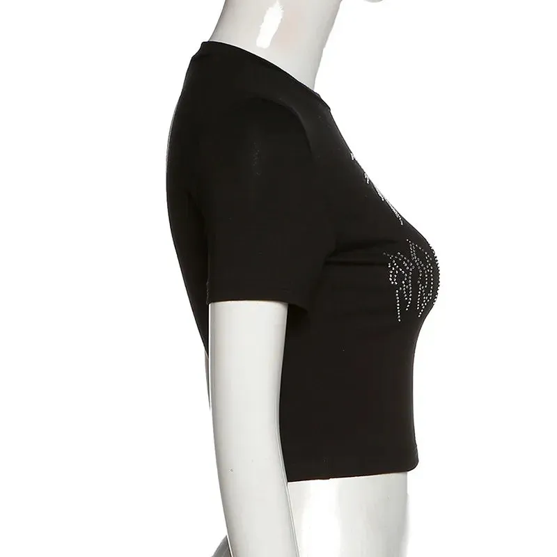 Sexy Punk Vintage Goth Black T Shirt Crop Top O-neck Short Sleeve