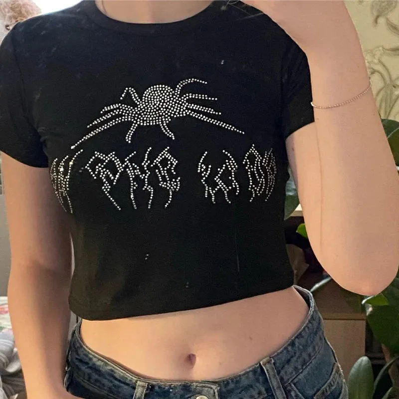 Sexy Punk Vintage Goth Black T Shirt Crop Top O-neck Short Sleeve
