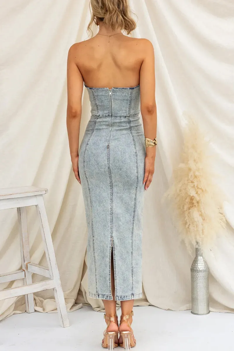 Sexy Solid Color Slit Zipper Strapless Sleeveless Skinny Denim Dresses