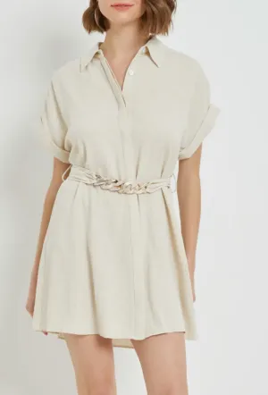 Short Sleeve Chain Belted Shirt Dress