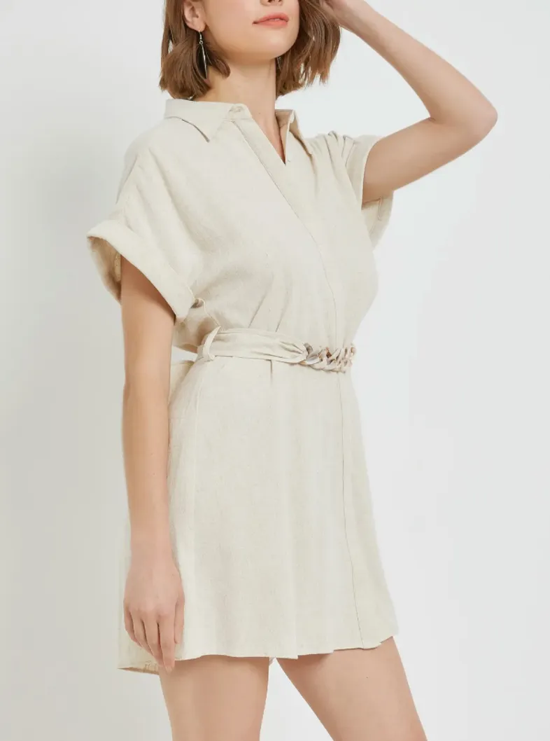 Short Sleeve Chain Belted Shirt Dress