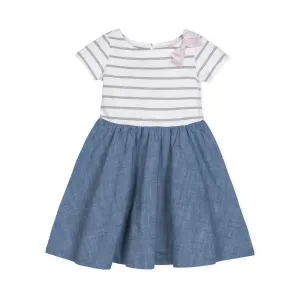 Short Sleeve Organic Knit Skater Dress - White and Gray Stripe