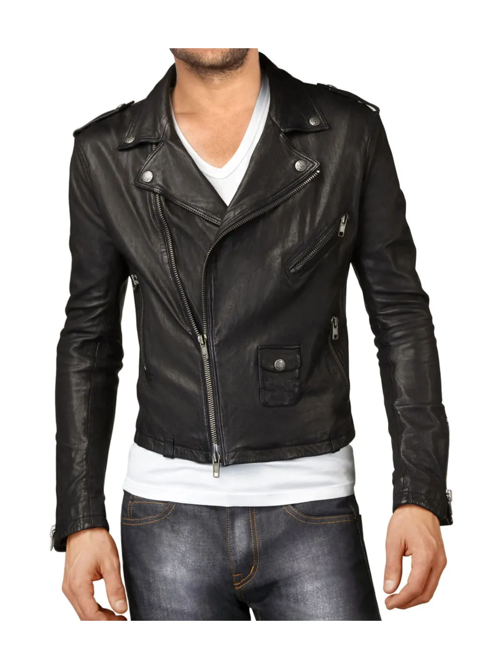 Side Zipper Trendy Genuine Leather Jacket for Men