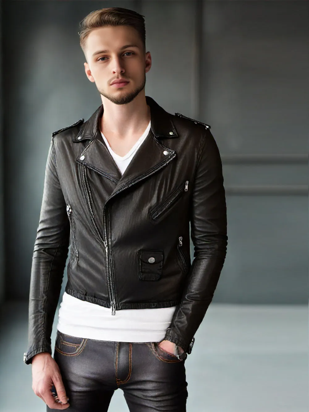 Side Zipper Trendy Genuine Leather Jacket for Men