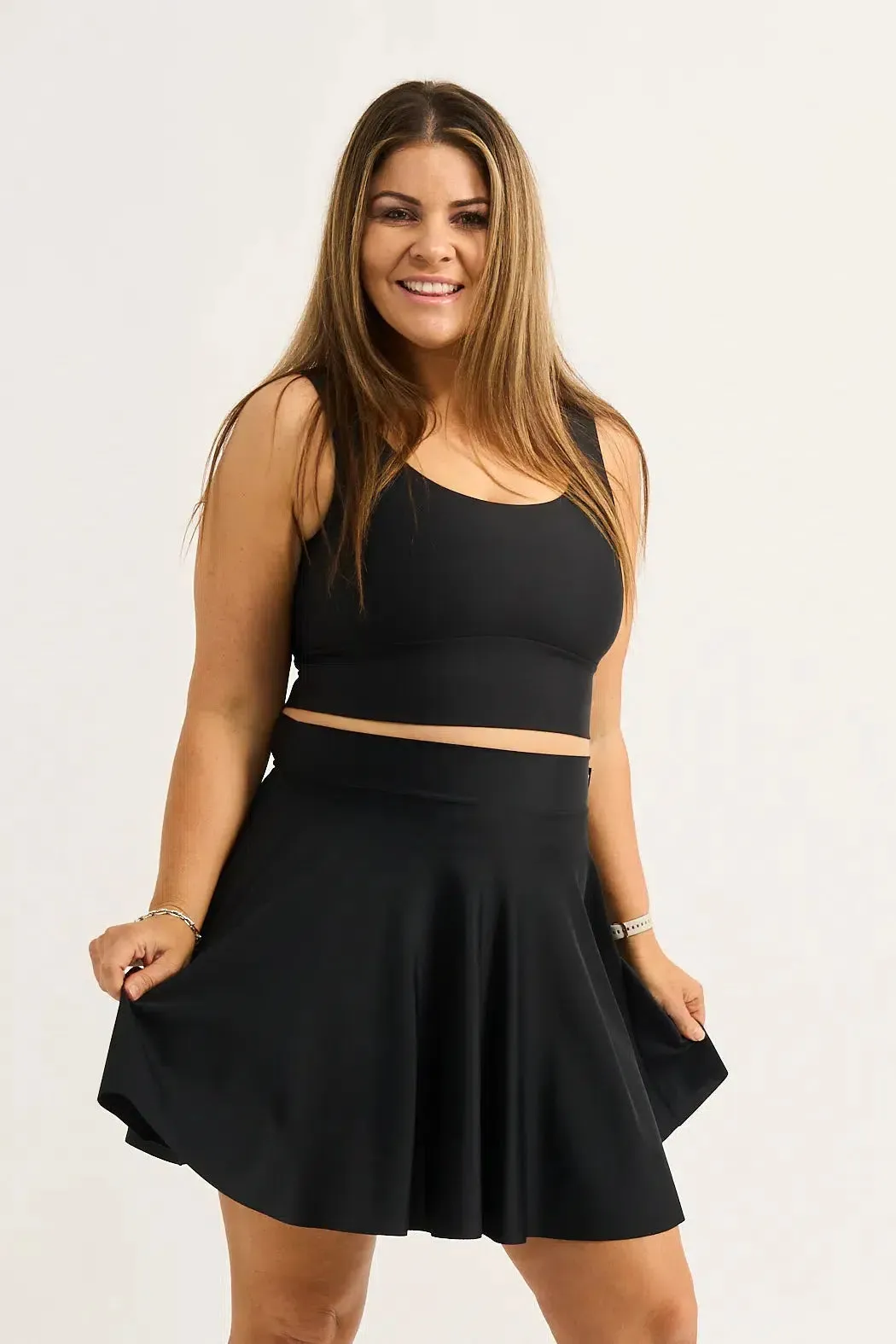 Silky Narrow Waisted Mini Skater Skirt - Black