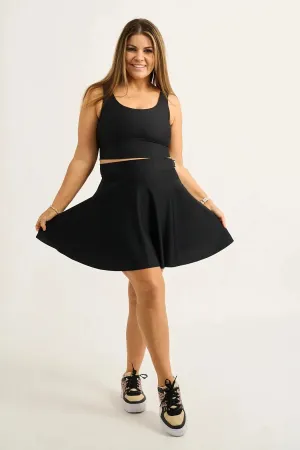 Silky Narrow Waisted Mini Skater Skirt - Black