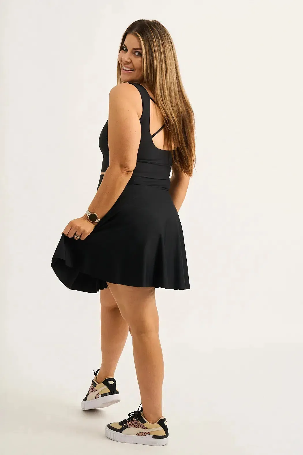 Silky Narrow Waisted Mini Skater Skirt - Black