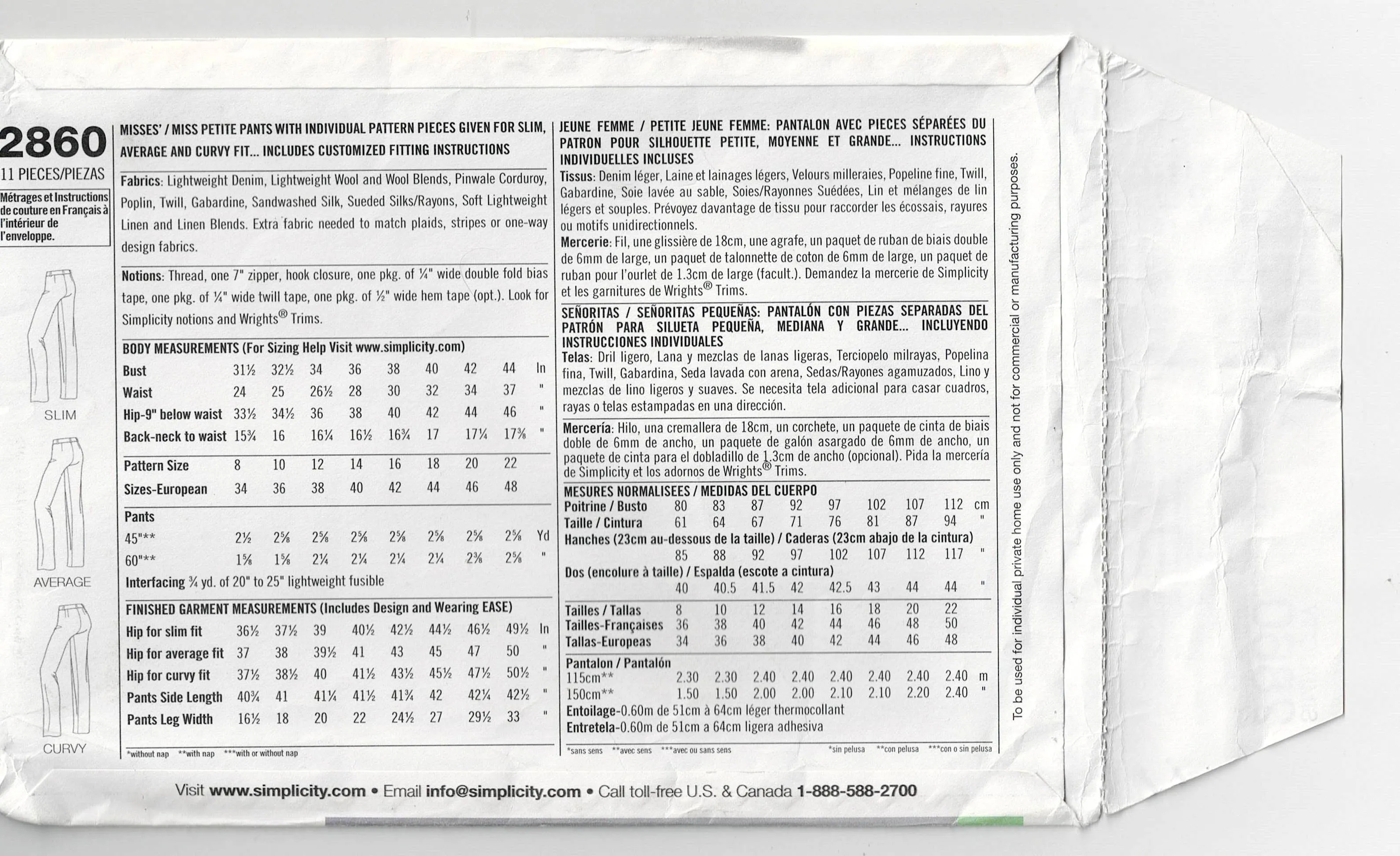 Simplicity 2860 Womens Amazing Fit Pants Out Of Print Sewing Pattern Size 14 - 22 UNCUT Factory Folded