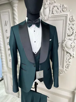 Single Button Three Piece Tuxedo Suit with contrasting burgundy/red velvet Lapel, matching bow tie and Black Pants