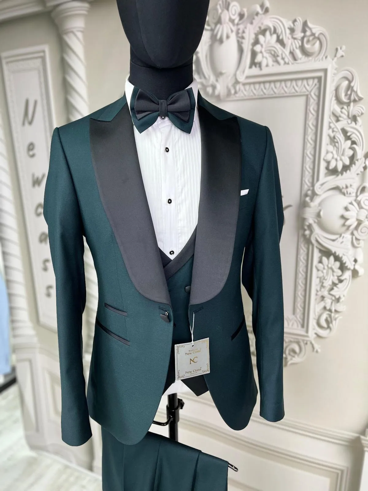 Single Button Three Piece Tuxedo Suit with contrasting burgundy/red velvet Lapel, matching bow tie and Black Pants