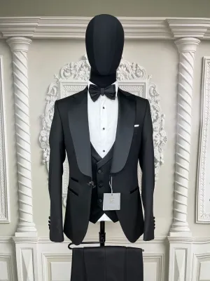 Single Button Three Pieces Tuxedo Suit with contrasting Lapel, matching bow tie and Black Pants.