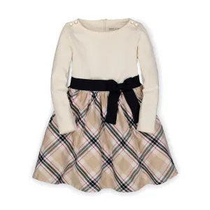 Skater Dress with Waist Sash - Ivory with Classic Tan Plaid