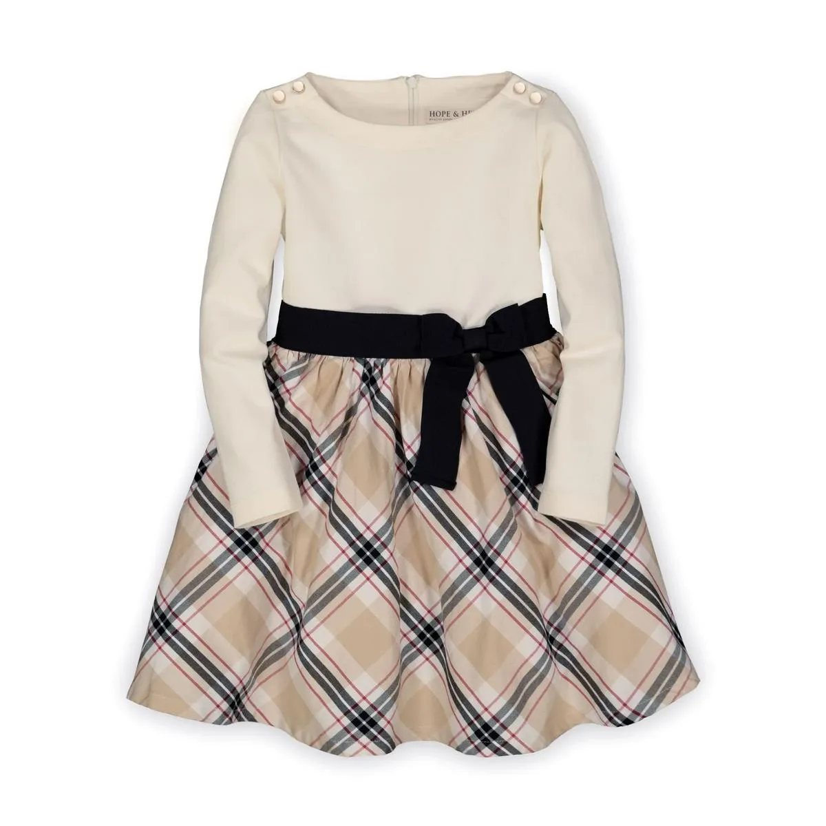 Skater Dress with Waist Sash - Ivory with Classic Tan Plaid