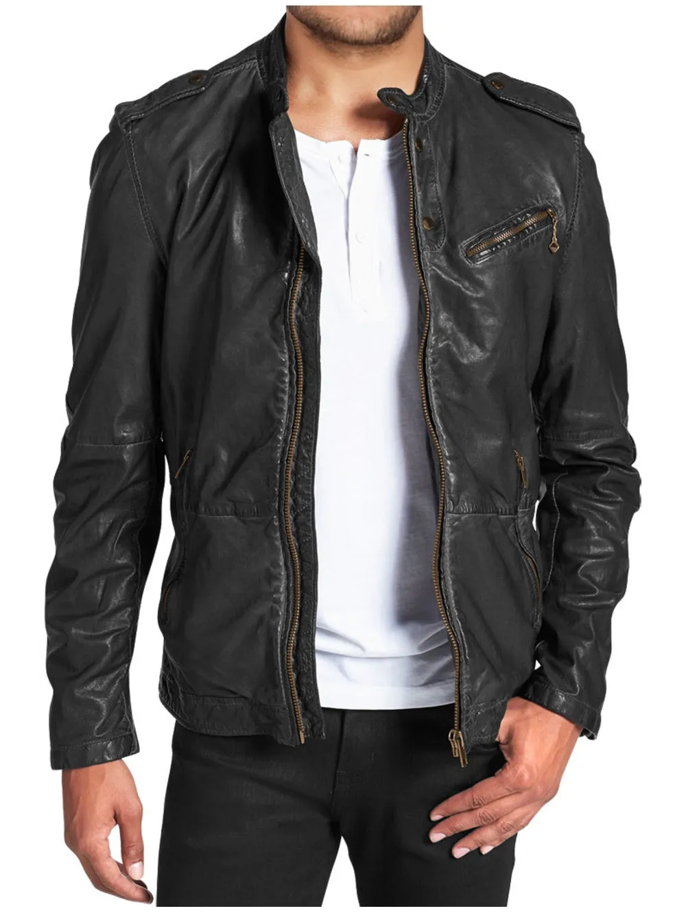 Snap Tab Epaulette Genuine Leather Biker Jacket for Men