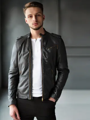 Snap Tab Epaulette Genuine Leather Biker Jacket for Men