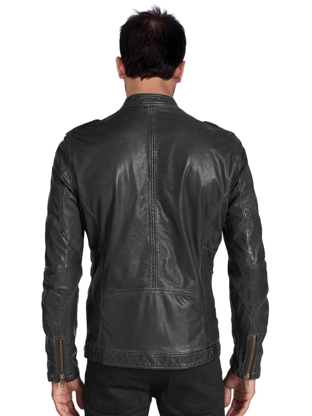 Snap Tab Epaulette Genuine Leather Biker Jacket for Men
