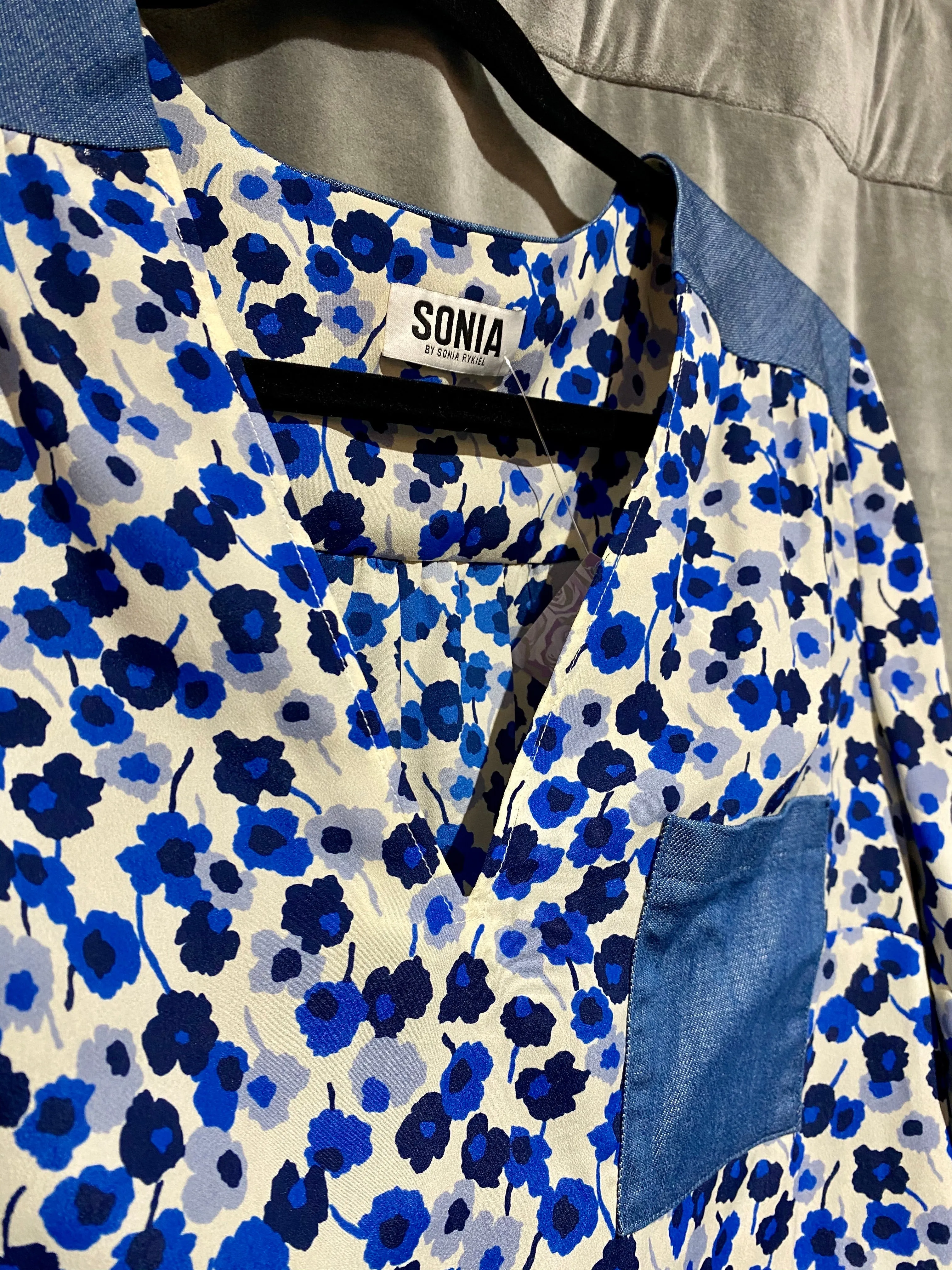 Sonia by Sonia Rykiel Denim and Floral Long Sleeve Dress