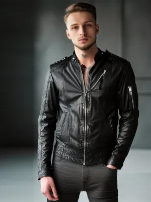 Stand-Tab Collar Biker Genuine Leather Jacket for Men