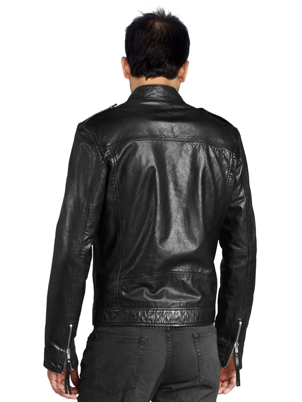 Stand-Tab Collar Biker Genuine Leather Jacket for Men