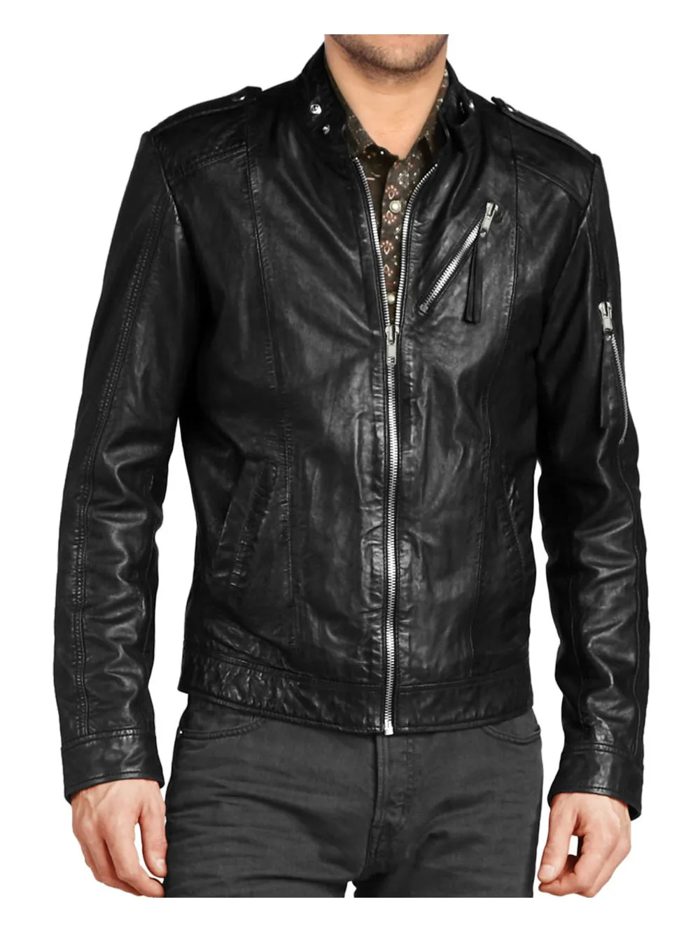 Stand-Tab Collar Biker Genuine Leather Jacket for Men