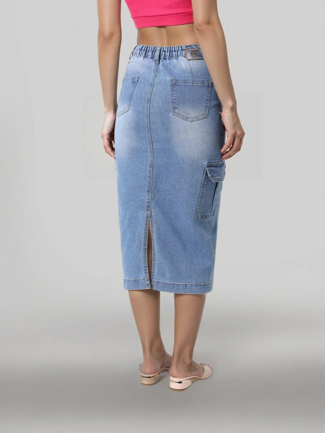 Style Quotient Women Mid Blue A-Line Cargo Midi Skirt