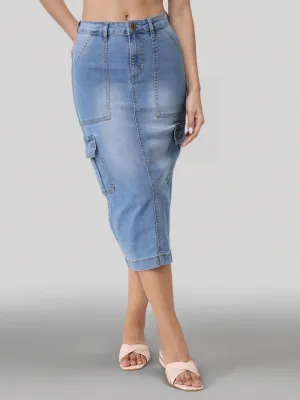 Style Quotient Women Mid Blue A-Line Cargo Midi Skirt